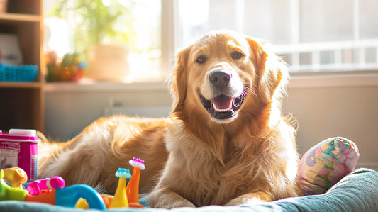 Close-up of a content golden retriever surrounded by dental care supplies on a pet bed.
