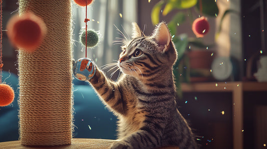 Alt text: Hyperrealistic image of a tabby cat engaging with advanced interactive pet toy.
