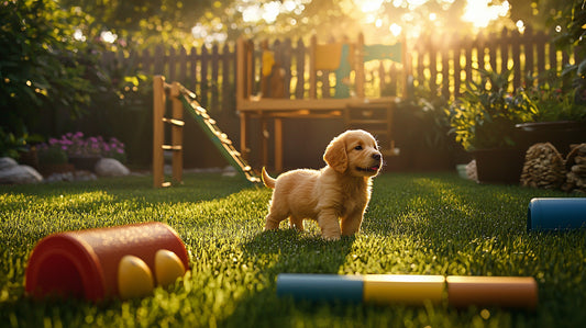 Alt text: "Golden retriever puppy navigating colorful backyard obstacle course in warm sunlight."