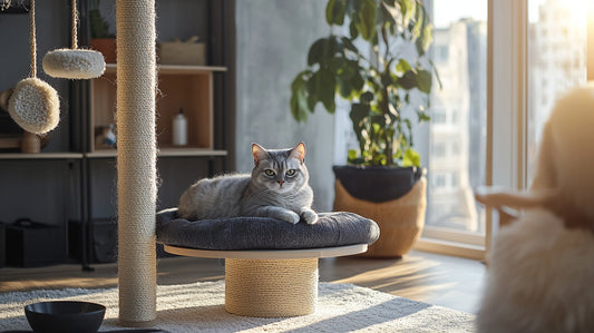 Alt text: "Hyperrealistic apartment scene with stylish pet supplies blending seamlessly into modern decor."