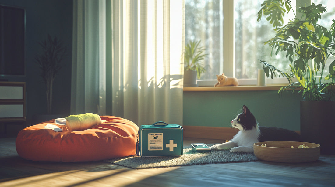 Alt text: Hyperrealistic photo of modern pet first aid kit in serene living room.