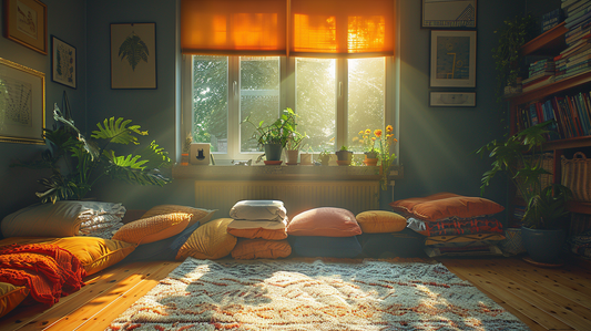 Alt text: "Cozy living room corner with dog supplies bathed in warm sunlight."