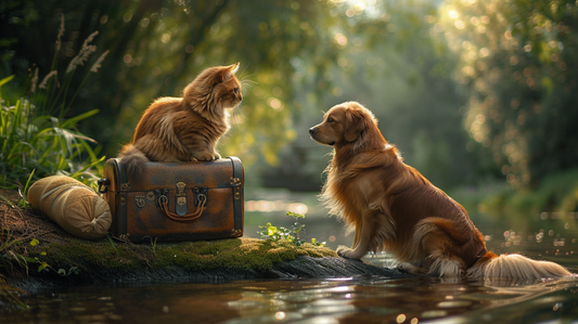 Alt text: A magical forest clearing with a Maine Coon cat and a Golden Retriever.