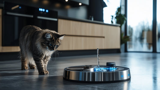 A sleek automatic pet feeder and water dispenser in a modern kitchen setting.