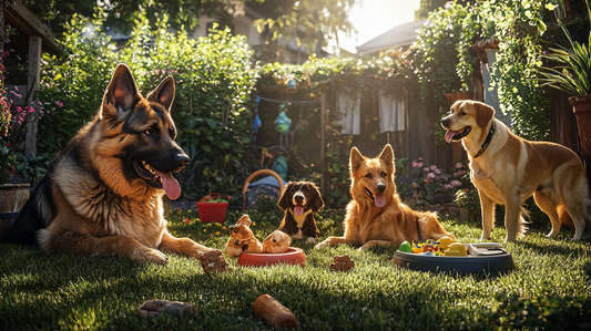 A stunning photo of large breed dogs enjoying premium pet supplies outdoors.