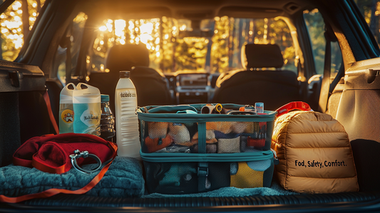 Alt text: "Sunlit campsite with pet essentials surrounded by pine trees in lush forest."