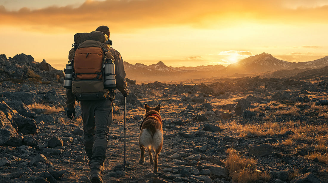 Alt text: "Solo hiker with dog trekking rocky terrain at dawn, gear visible."