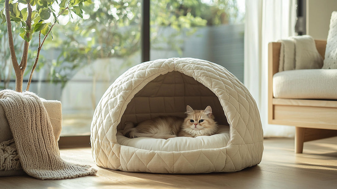 "Cozy cotton pet house in sunlit living room, inviting comfort and luxury."