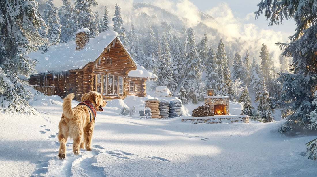 Alt text: "Golden retriever in winter sweater at snow-covered cabin surrounded by pet supplies."