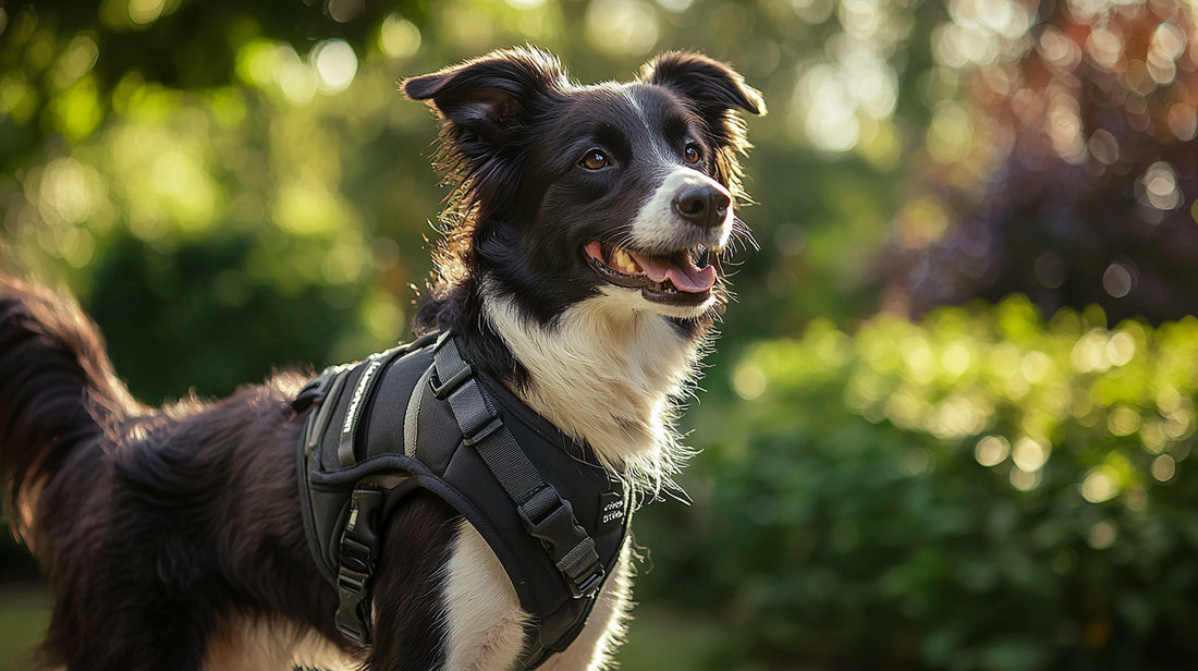 Image alt text: Diverse lineup of dogs in personalized no-pull harnesses, enhancing comfort and style.